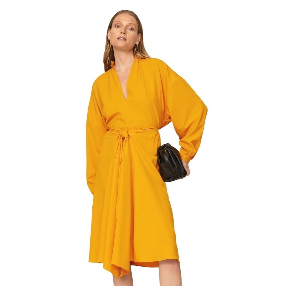 TOME Silk Drape Yellow Tie Bow Front Asymmetric Midi Skirt Womens Small Marigold